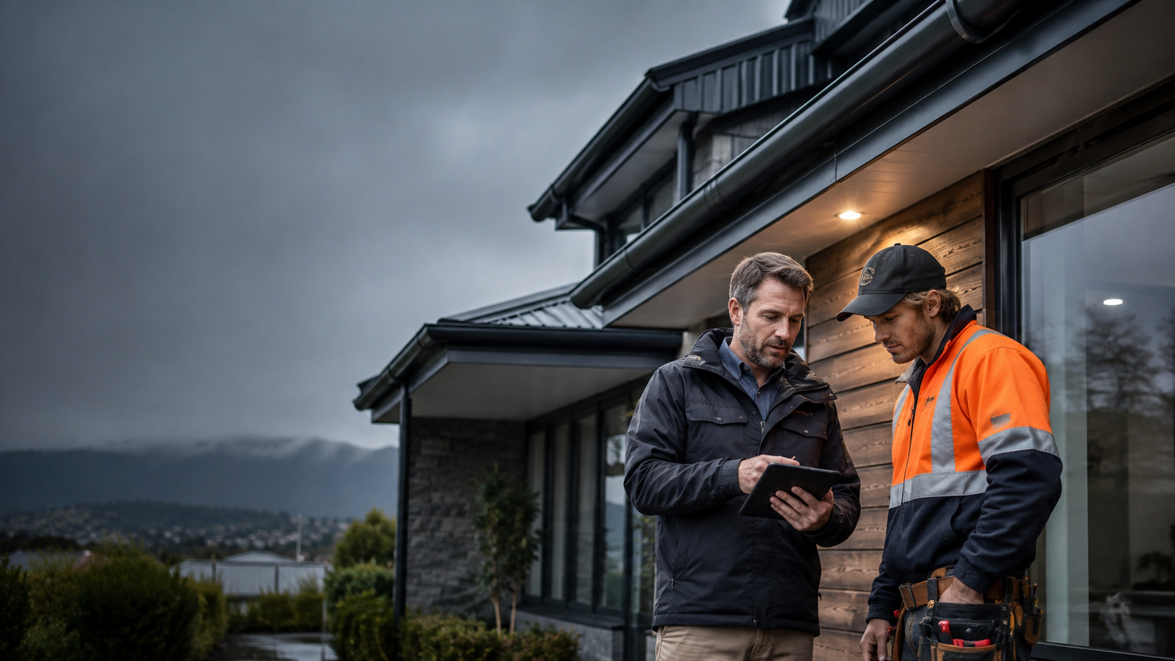 Maintenance coordinator and trade professional reviewing a Tasmanian home inspection